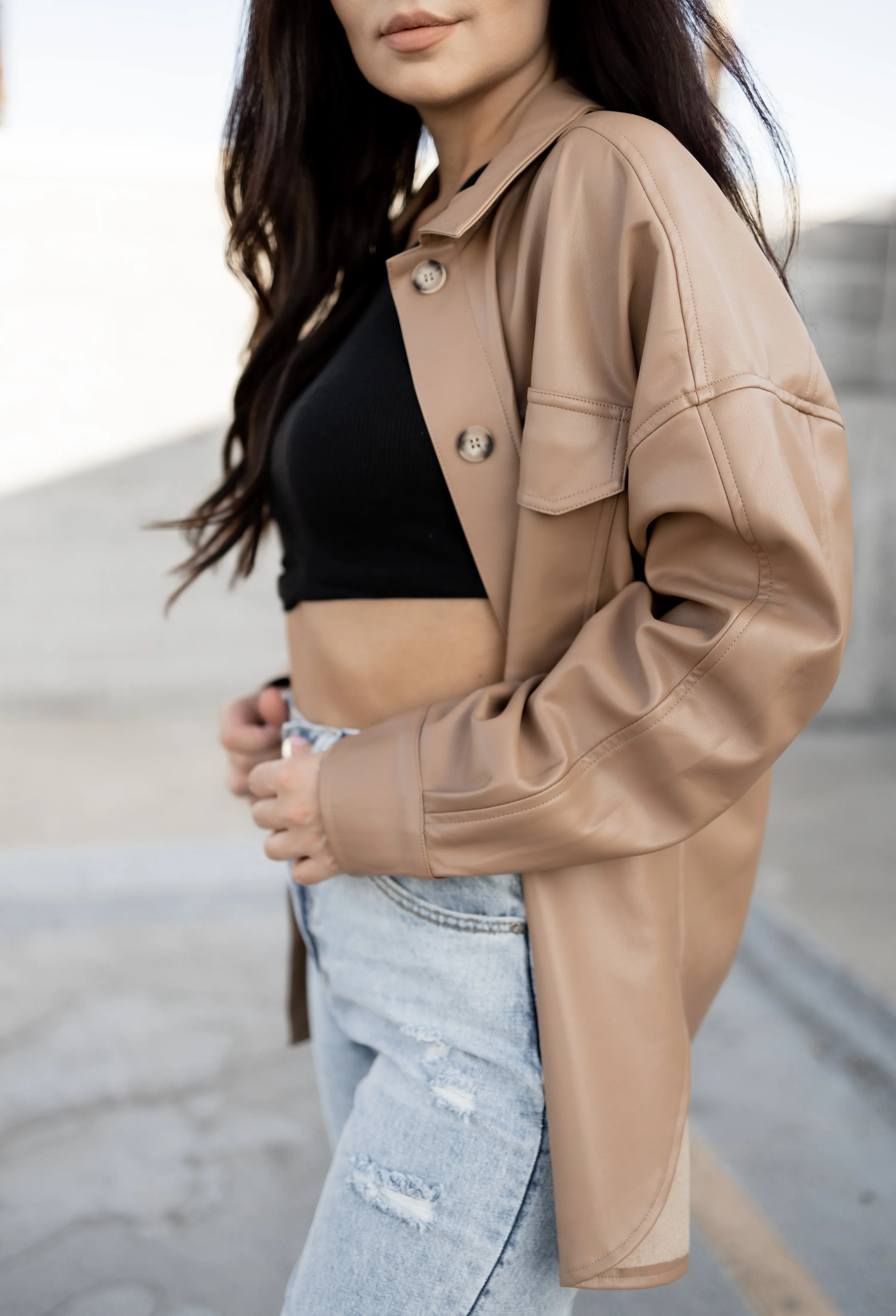 Caramel faux leather shirt jacket