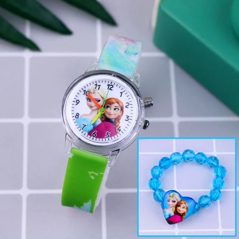 Cartoon Flash Light Girls Watches with Bracelet Silicone Strap