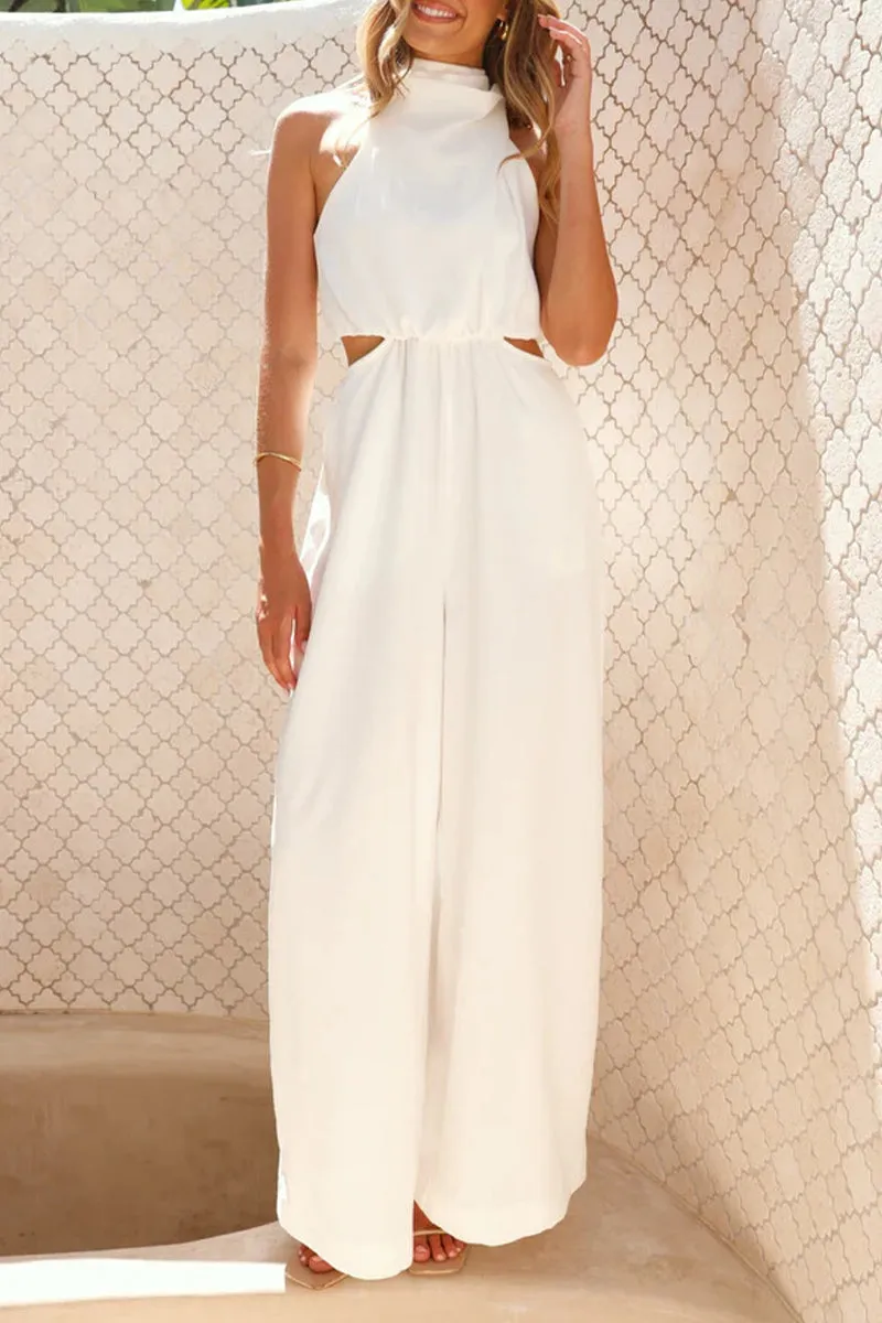 Casual Hollow Out Pocket Halter Loose Jumpsuits(4 Colors)
