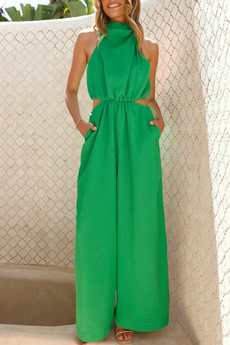 Casual Hollow Out Pocket Halter Loose Jumpsuits(4 Colors)