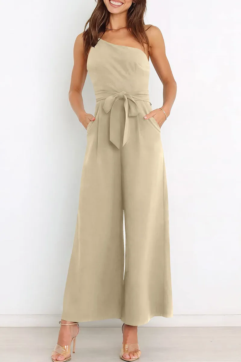 Casual Simplicity Solid Bandage Oblique Collar Straight Jumpsuits