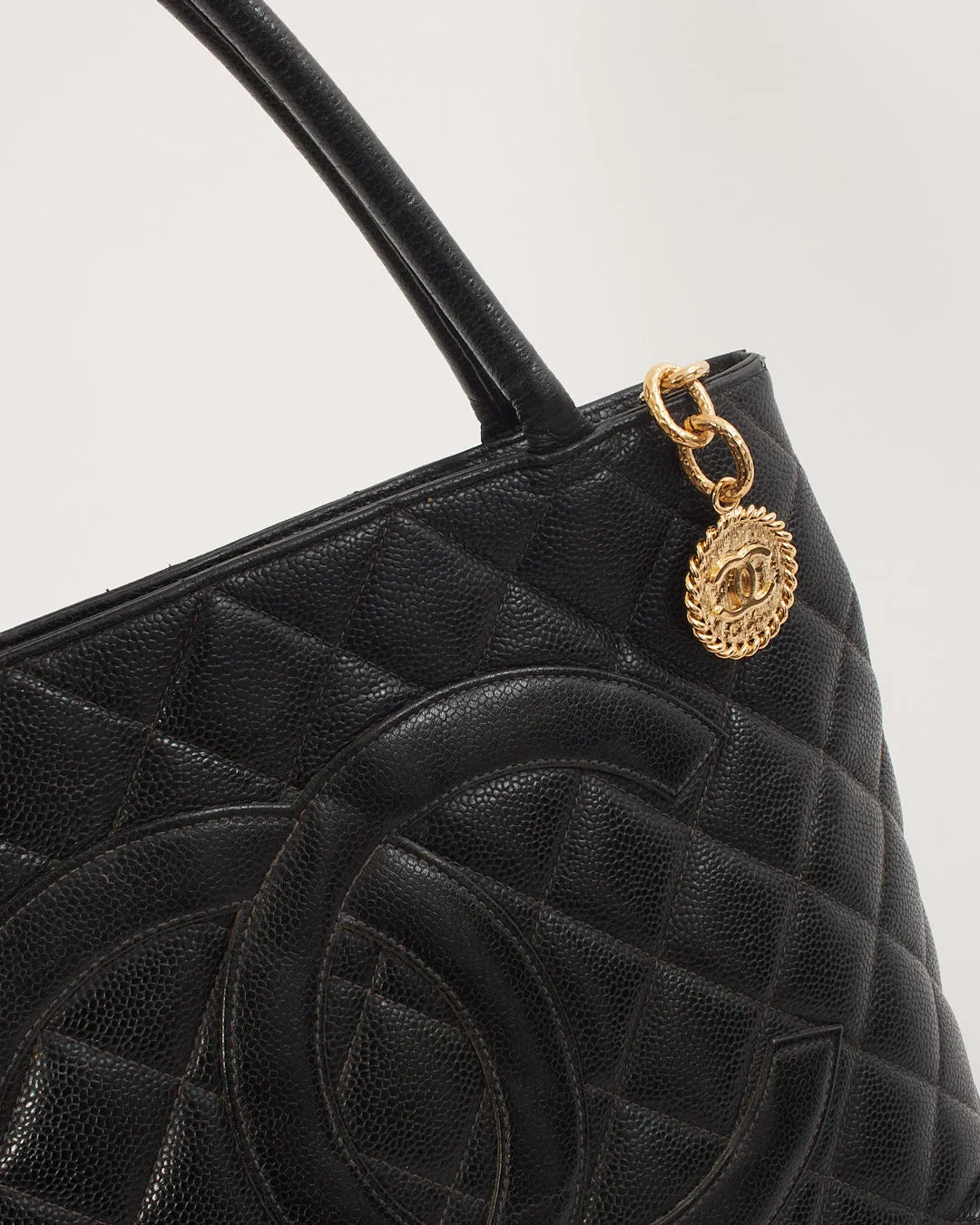 Chanel Black Caviar Leather Medallion Top Handle Tote GHW