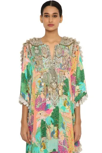 Charvi Peach Kuno Print Crepe Embroidered Kaftan With Palazzo