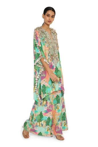 Charvi Peach Kuno Print Crepe Embroidered Kaftan With Palazzo