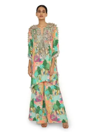 Charvi Peach Kuno Print Crepe Embroidered Kaftan With Palazzo