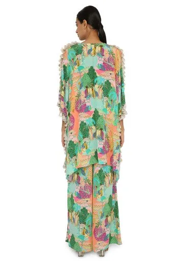 Charvi Peach Kuno Print Crepe Embroidered Kaftan With Palazzo