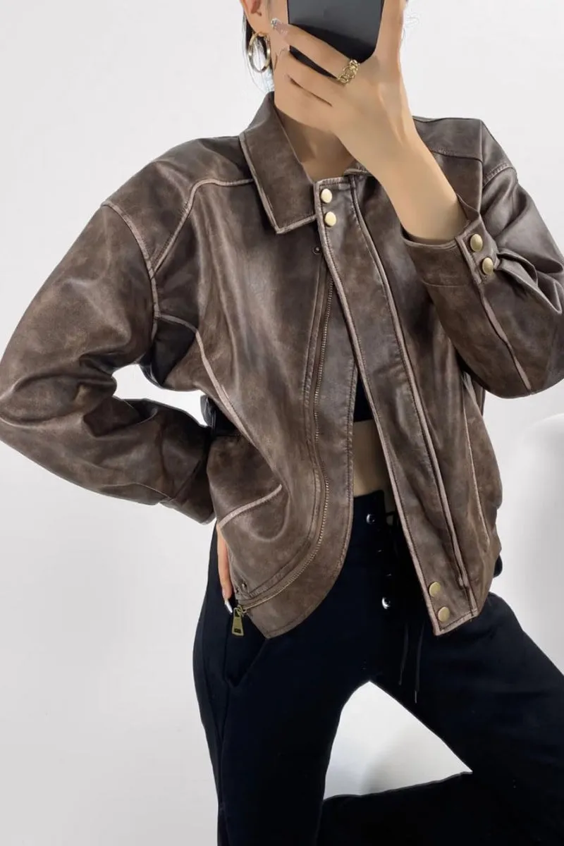 Chouyatou Women's Fall Distressed Faux Leather Bomber Jacket Motorcycle Oversized Leather Jacket