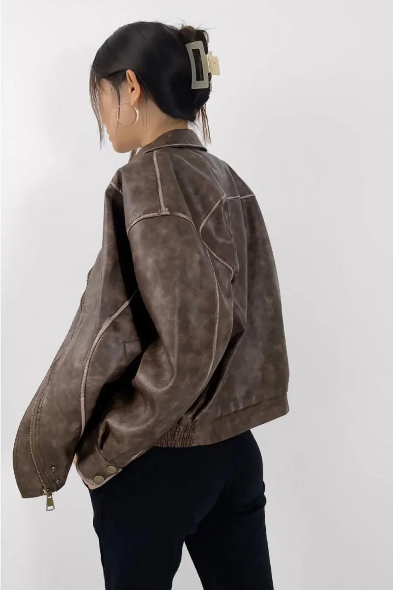 Chouyatou Women's Fall Distressed Faux Leather Bomber Jacket Motorcycle Oversized Leather Jacket