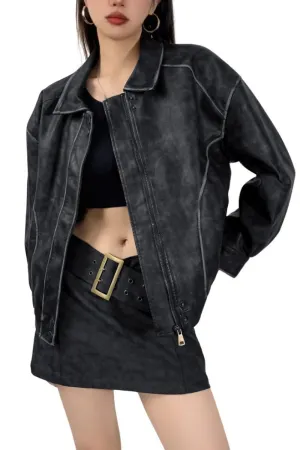 Chouyatou Women's Fall Distressed Faux Leather Bomber Jacket Motorcycle Oversized Leather Jacket