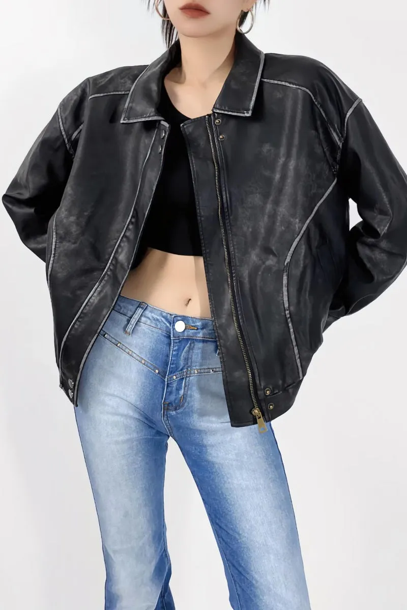 Chouyatou Women's Fall Distressed Faux Leather Bomber Jacket Motorcycle Oversized Leather Jacket