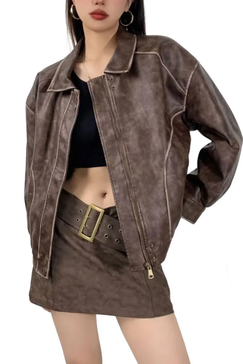 Chouyatou Women's Fall Distressed Faux Leather Bomber Jacket Motorcycle Oversized Leather Jacket