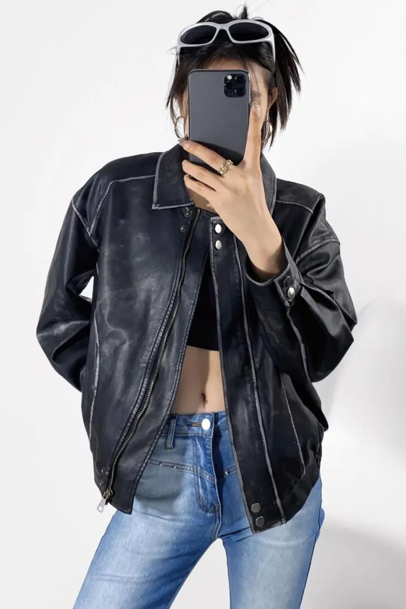 Chouyatou Women's Fall Distressed Faux Leather Bomber Jacket Motorcycle Oversized Leather Jacket