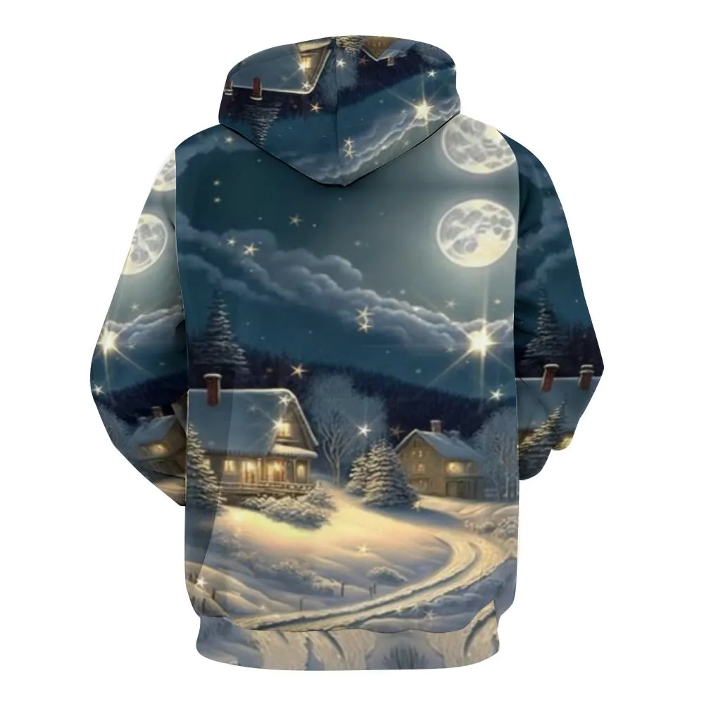 Christmas Winter Snow House Graphic Pullover With Kangaroo Pocket Hoodies