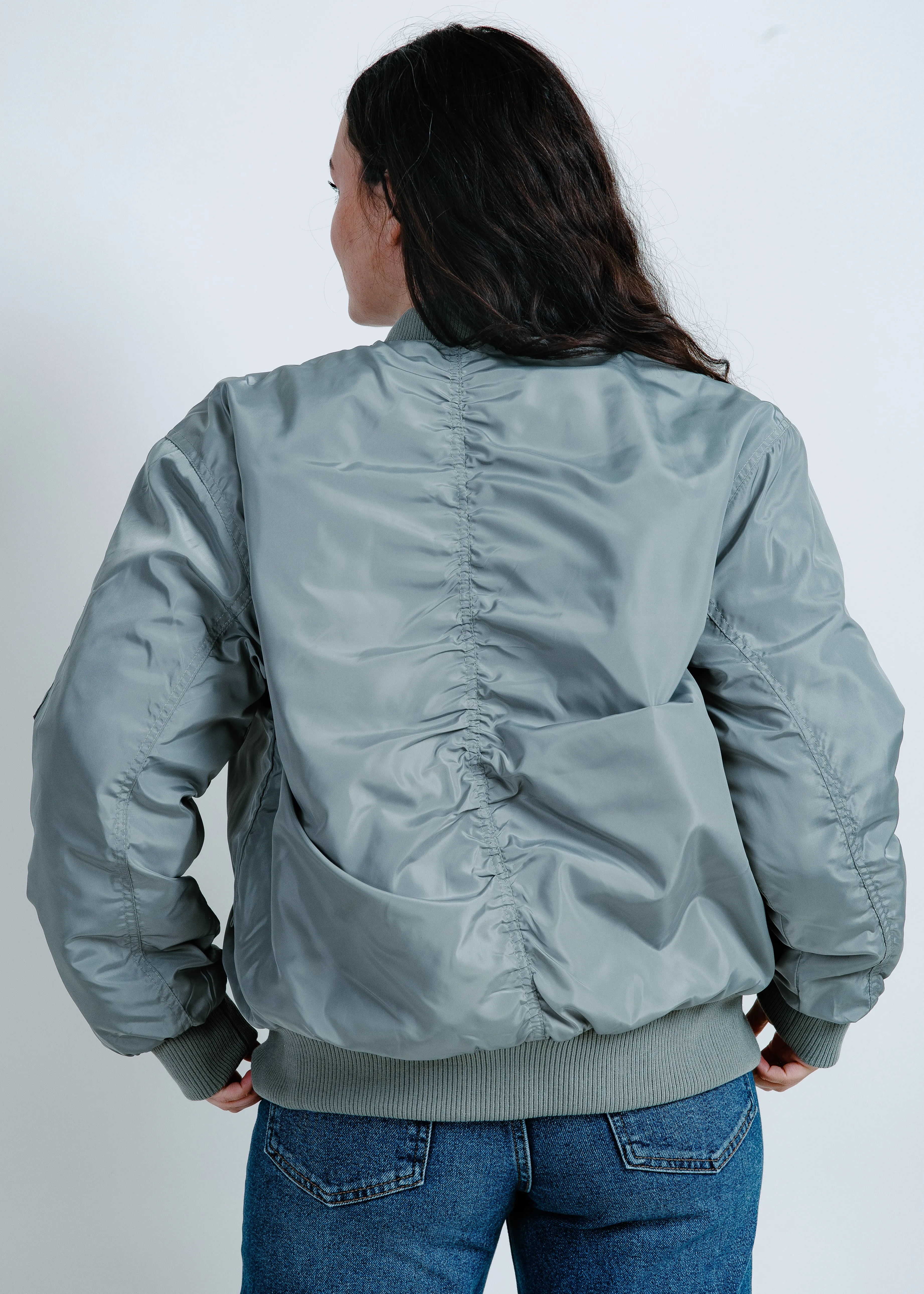 City Girl Ruched Bomber Jacket - Olive
