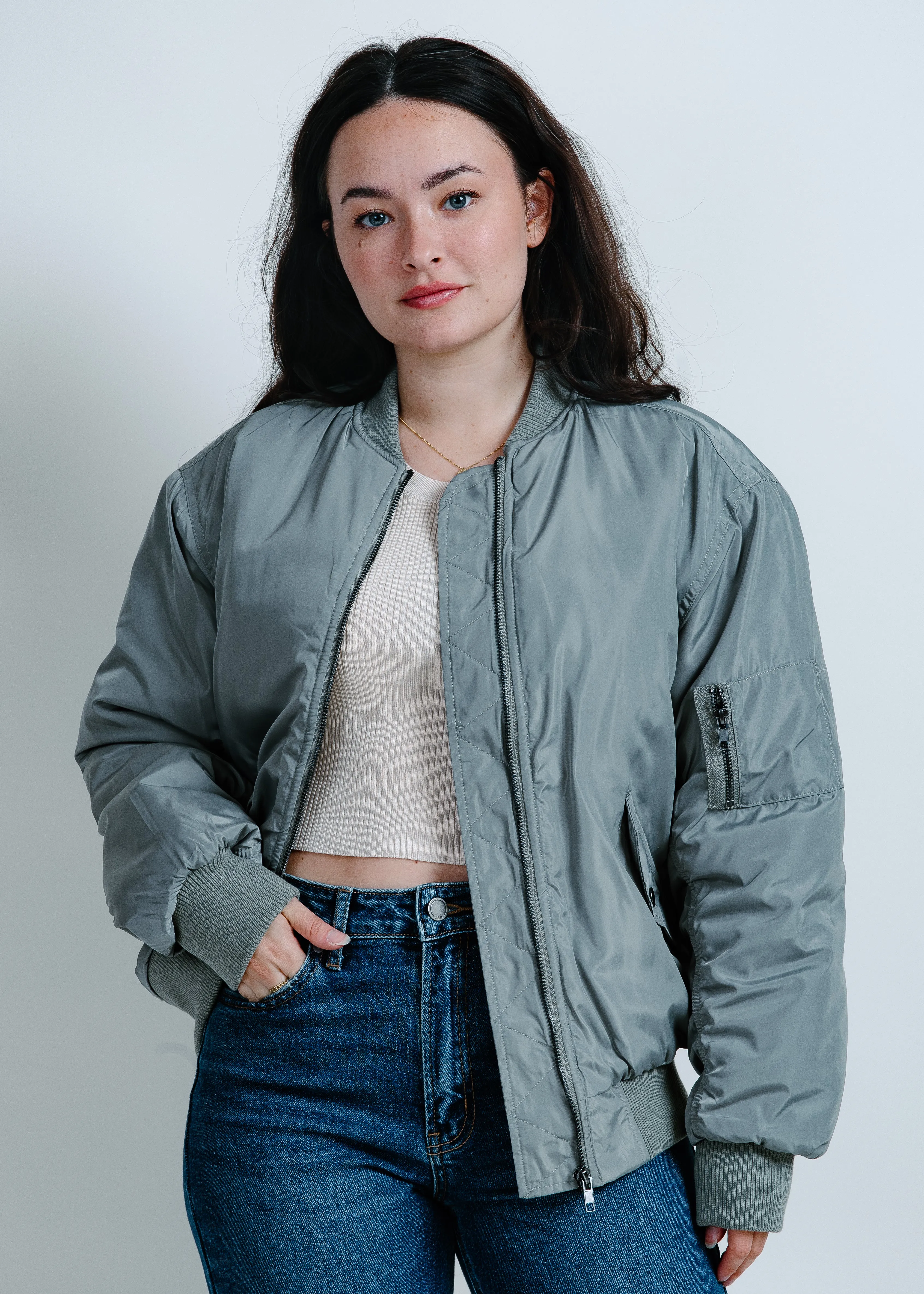 City Girl Ruched Bomber Jacket - Olive