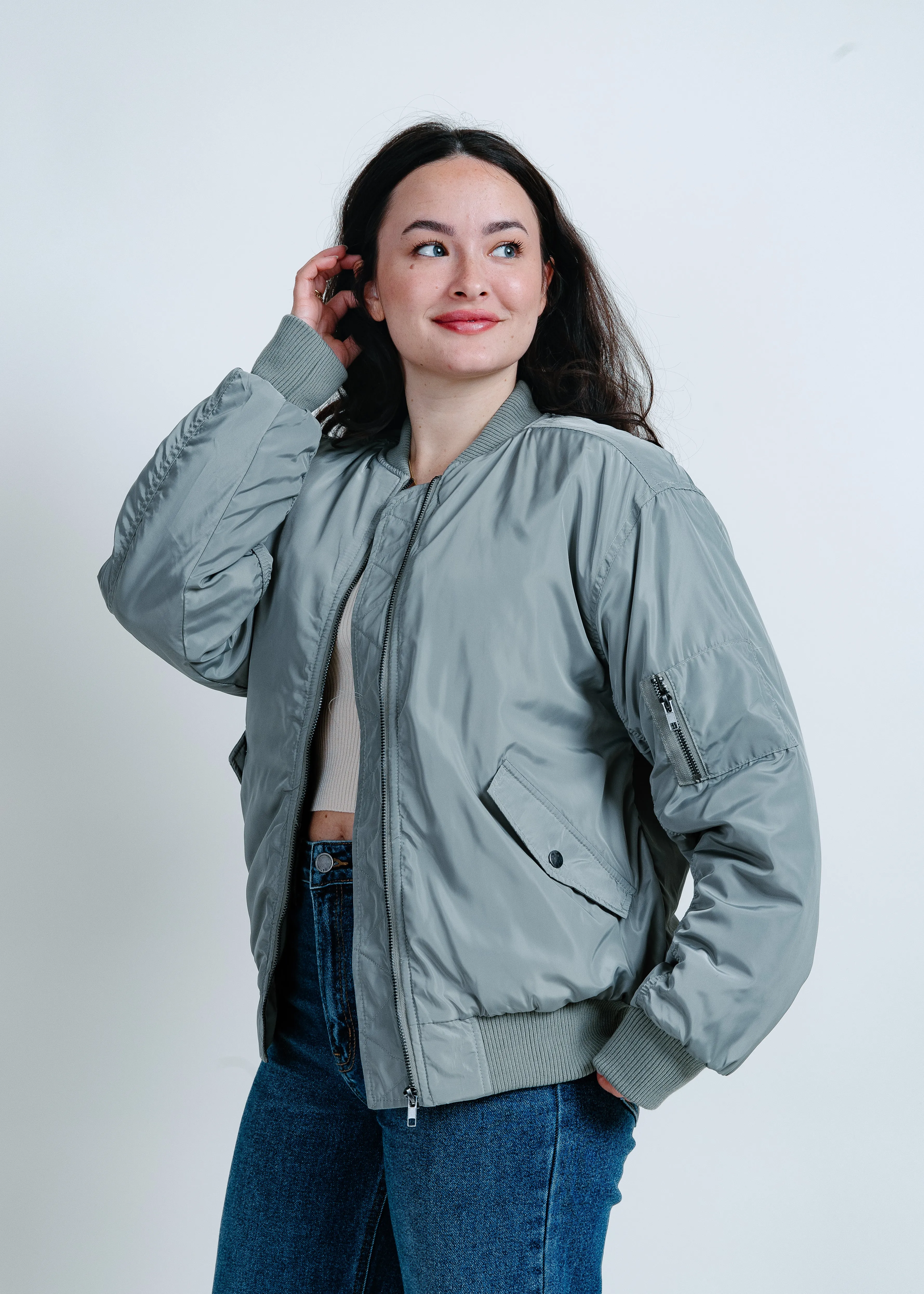 City Girl Ruched Bomber Jacket - Olive