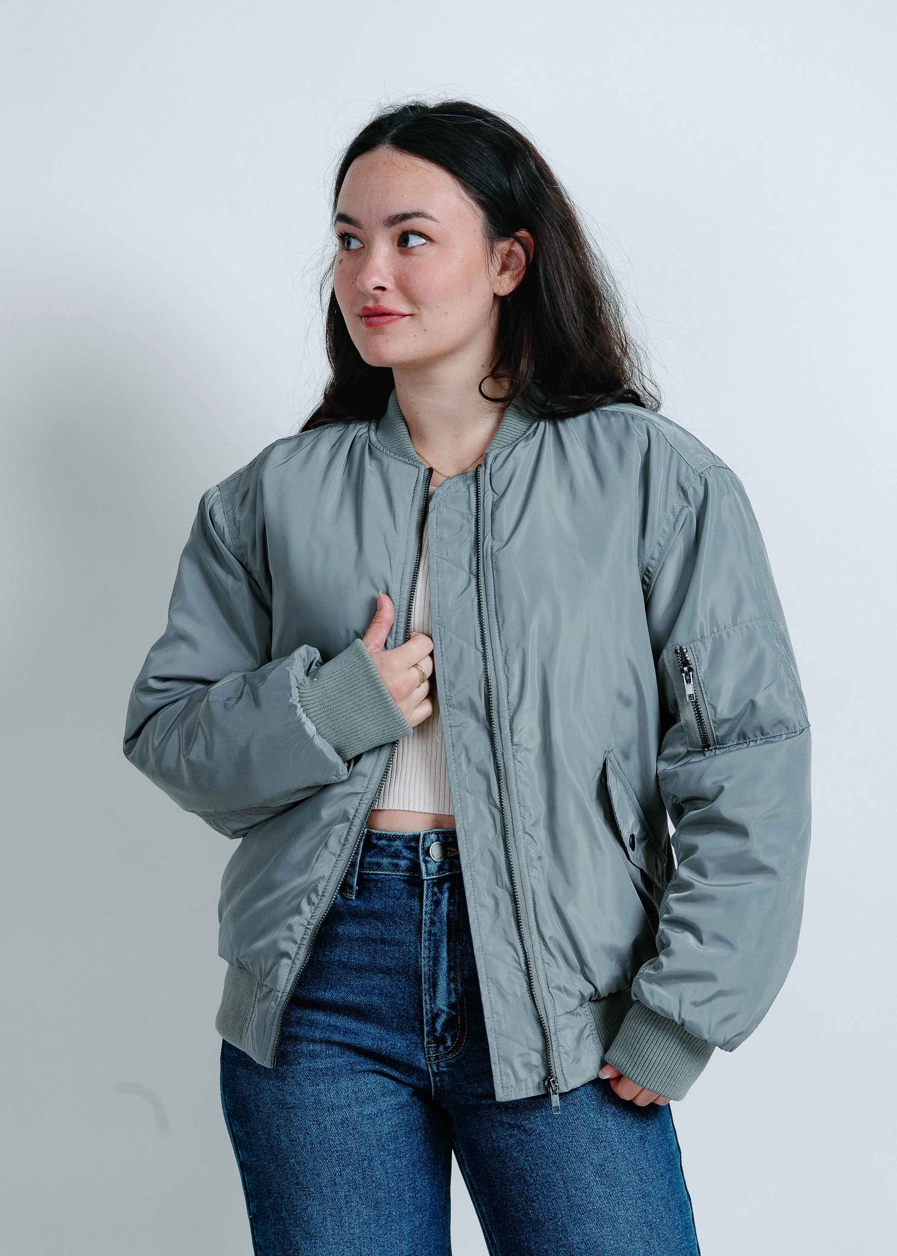 City Girl Ruched Bomber Jacket - Olive