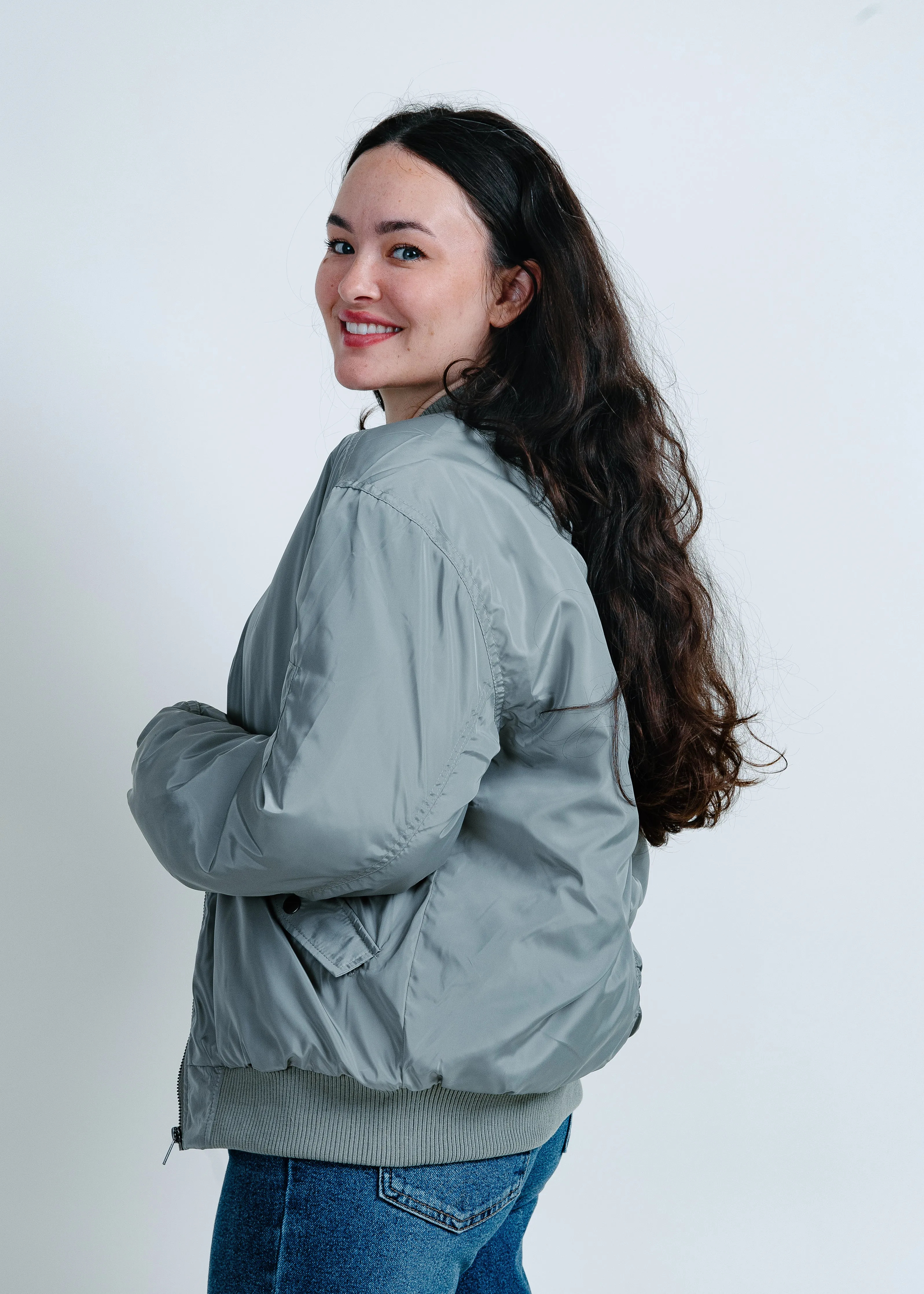 City Girl Ruched Bomber Jacket - Olive