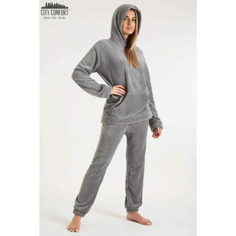 CityComfort Pyjamas Set for Women and Teens Fleece Hooded Long PJs Warm Loungewear Fluffy Nightwear Soft Cosy Sleepwear Gifts for Her