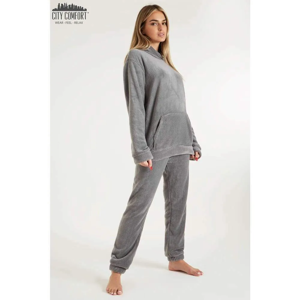 CityComfort Pyjamas Set for Women and Teens Fleece Hooded Long PJs Warm Loungewear Fluffy Nightwear Soft Cosy Sleepwear Gifts for Her