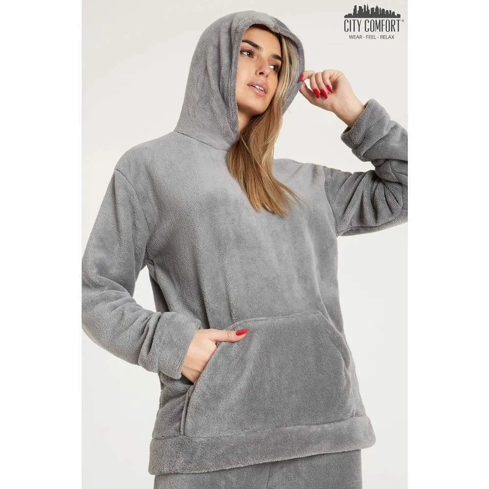 CityComfort Pyjamas Set for Women and Teens Fleece Hooded Long PJs Warm Loungewear Fluffy Nightwear Soft Cosy Sleepwear Gifts for Her
