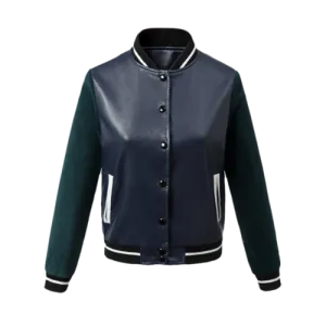 Contrast Sleeve PU Leather Baseball Jacket - Blue And Green M