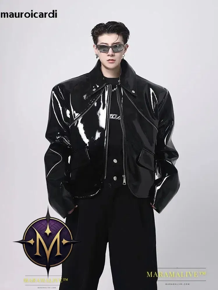 Cool Loose Short Black Shiny Reflective Patent Faux Leather Jacket Men Zipper Luxury Designer Clothes
