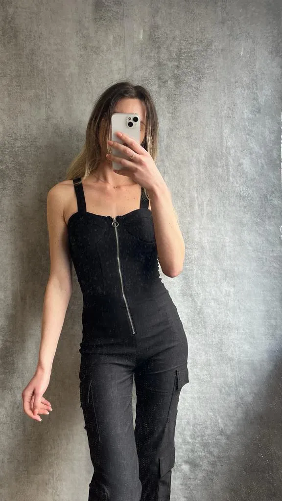 Cup Detail Zip Front Strappy Cargo Jumpsuit