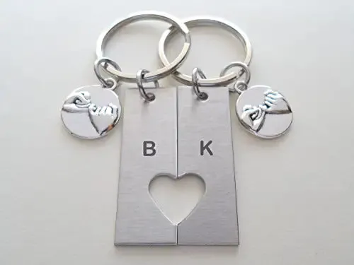 Custom 2 Personalized Cut Out Connecting Heart Tag Keychains, Engraved Initial, Anniversary Gift, Husband Wife Key Chain, Boyfriend Girlfriend Gift, Customized Couples Keychains