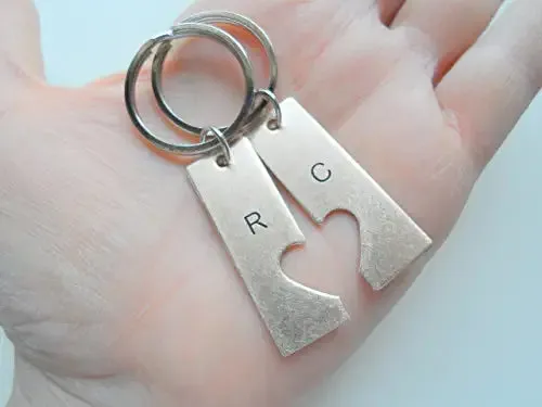 Custom 2 Personalized Cut Out Connecting Heart Tag Keychains, Engraved Initial, Anniversary Gift, Husband Wife Key Chain, Boyfriend Girlfriend Gift, Customized Couples Keychains