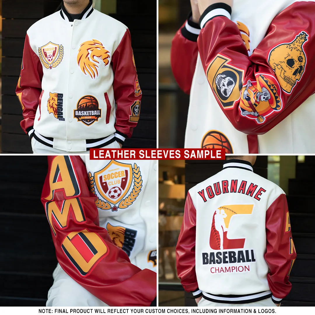 Custom Cream Royal-Red Bomber Full-Snap Varsity Letterman Jacket