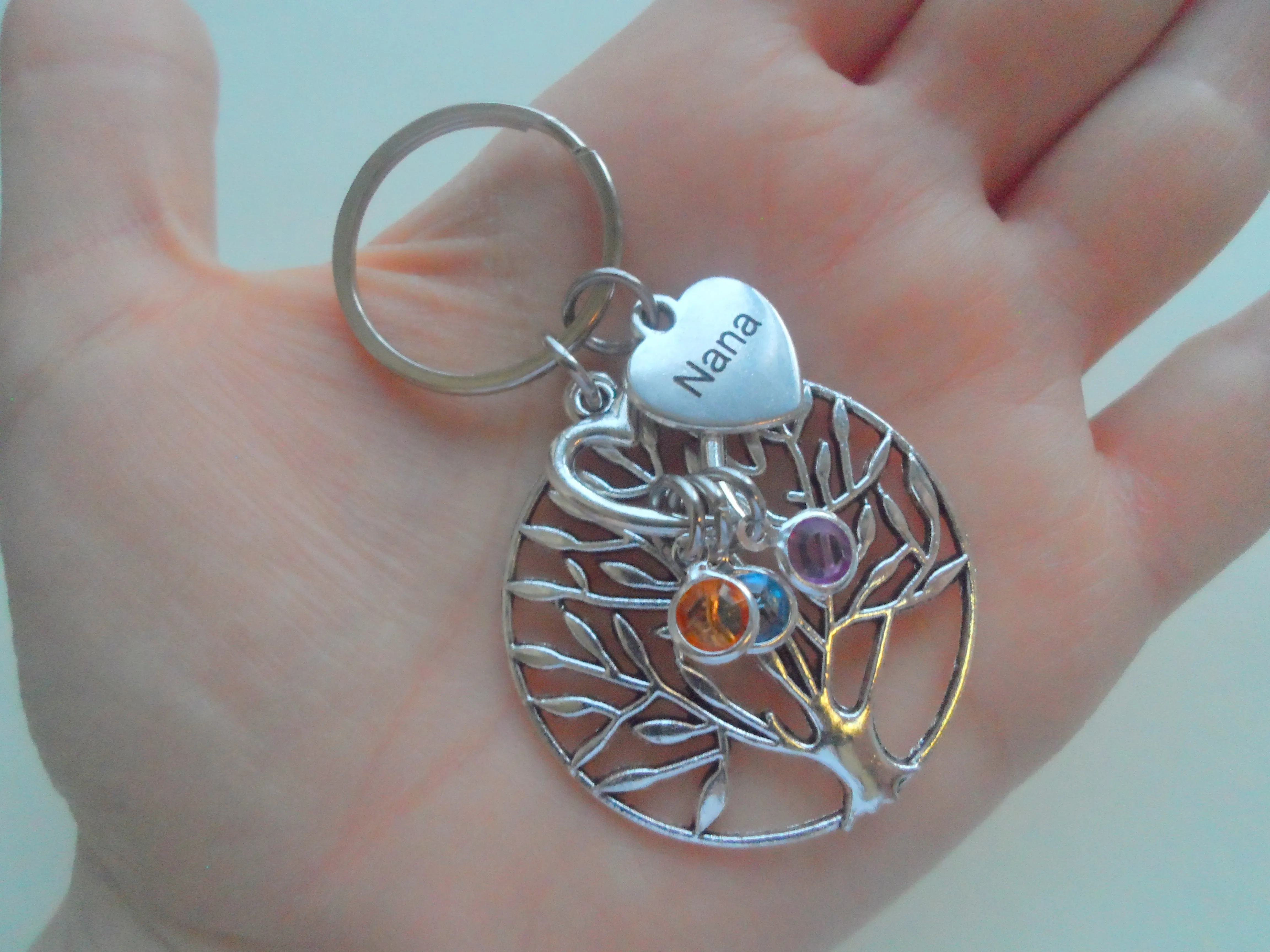 Custom Engraved Family Tree Keychain with Birthstone Charms, Gift for Mom, or Grandma, Personalized
