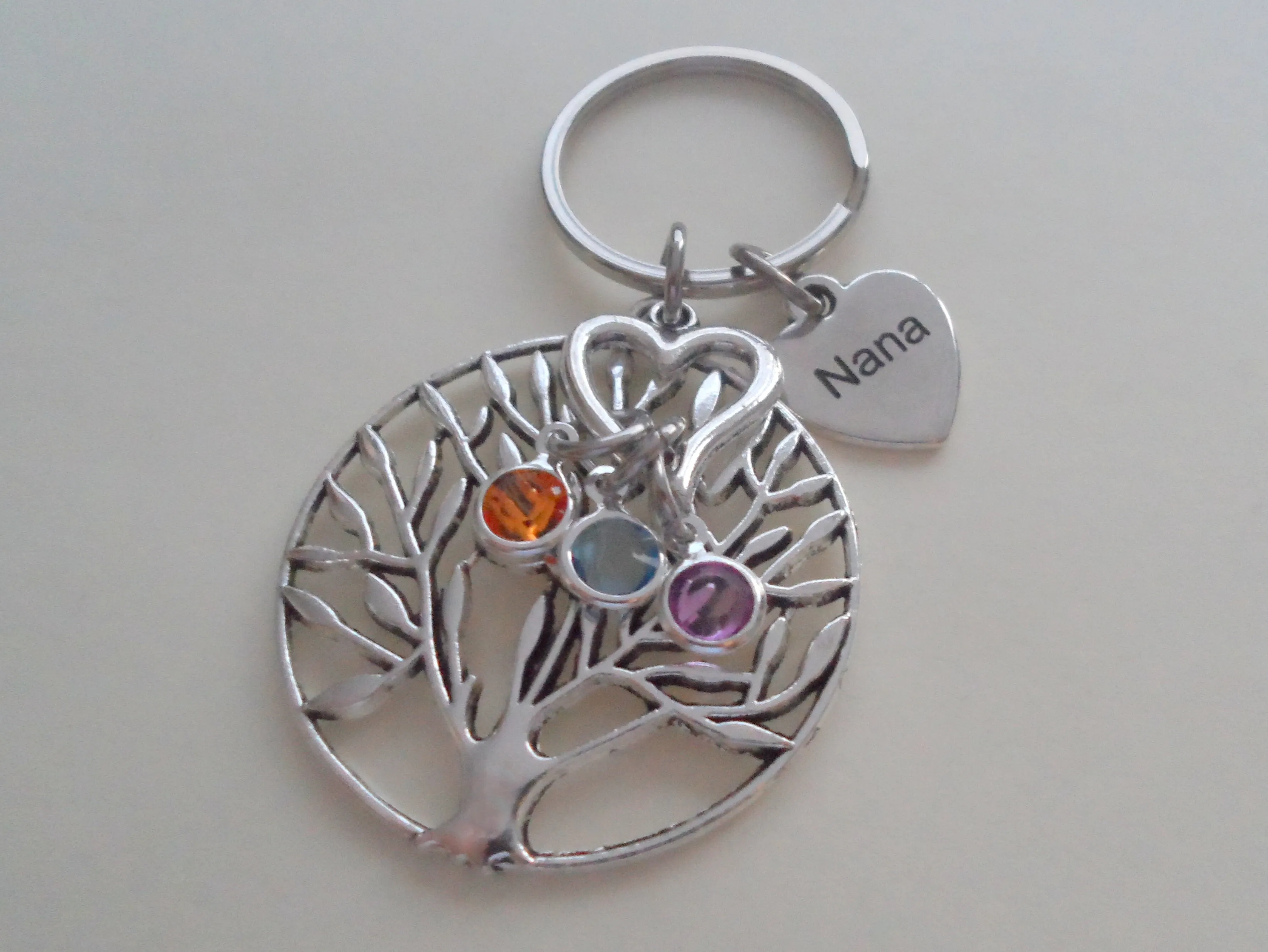 Custom Engraved Family Tree Keychain with Birthstone Charms, Gift for Mom, or Grandma, Personalized