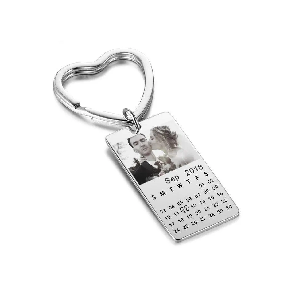 Custom Photo & Date Engraved Heart Keyring