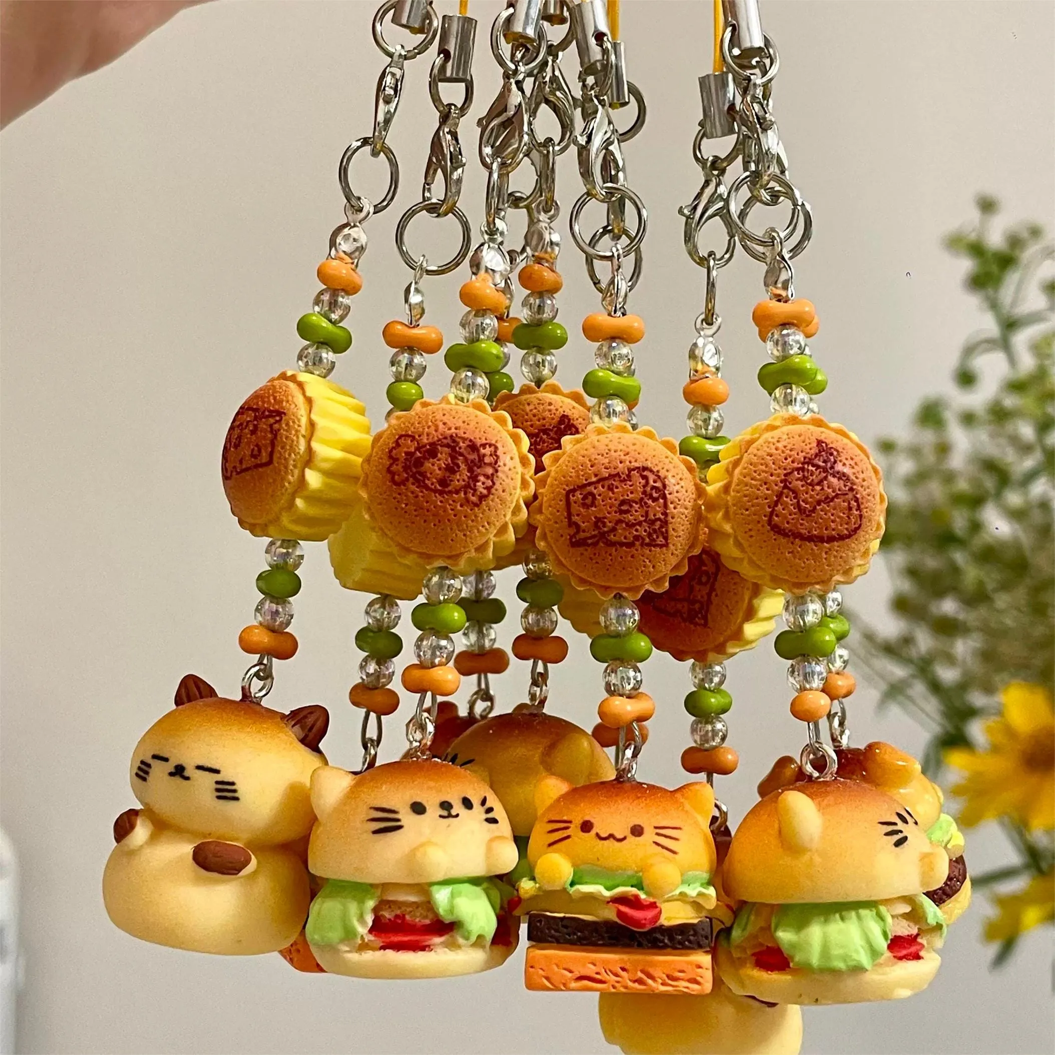 Cute Cat Puppy Hamburger Keychain Phone Strap