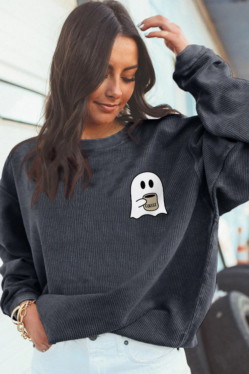 Dark Grey Ghost Graphic Corded Drop Shoulder Sweatshirt