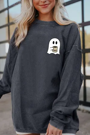 Dark Grey Ghost Graphic Corded Drop Shoulder Sweatshirt