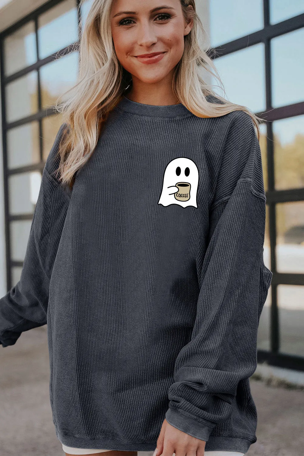 Dark Grey Ghost Graphic Corded Drop Shoulder Sweatshirt