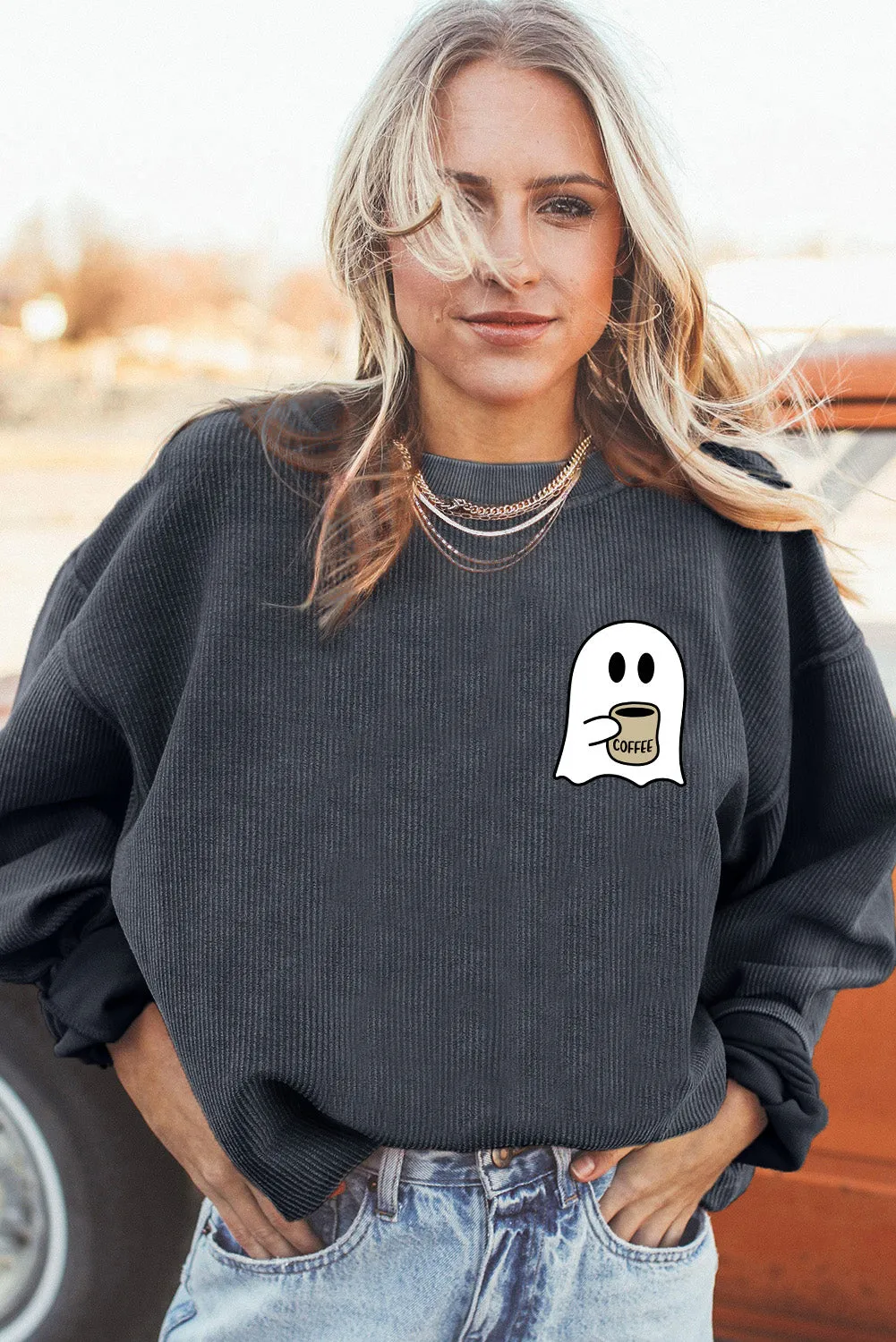 Dark Grey Ghost Graphic Corded Drop Shoulder Sweatshirt