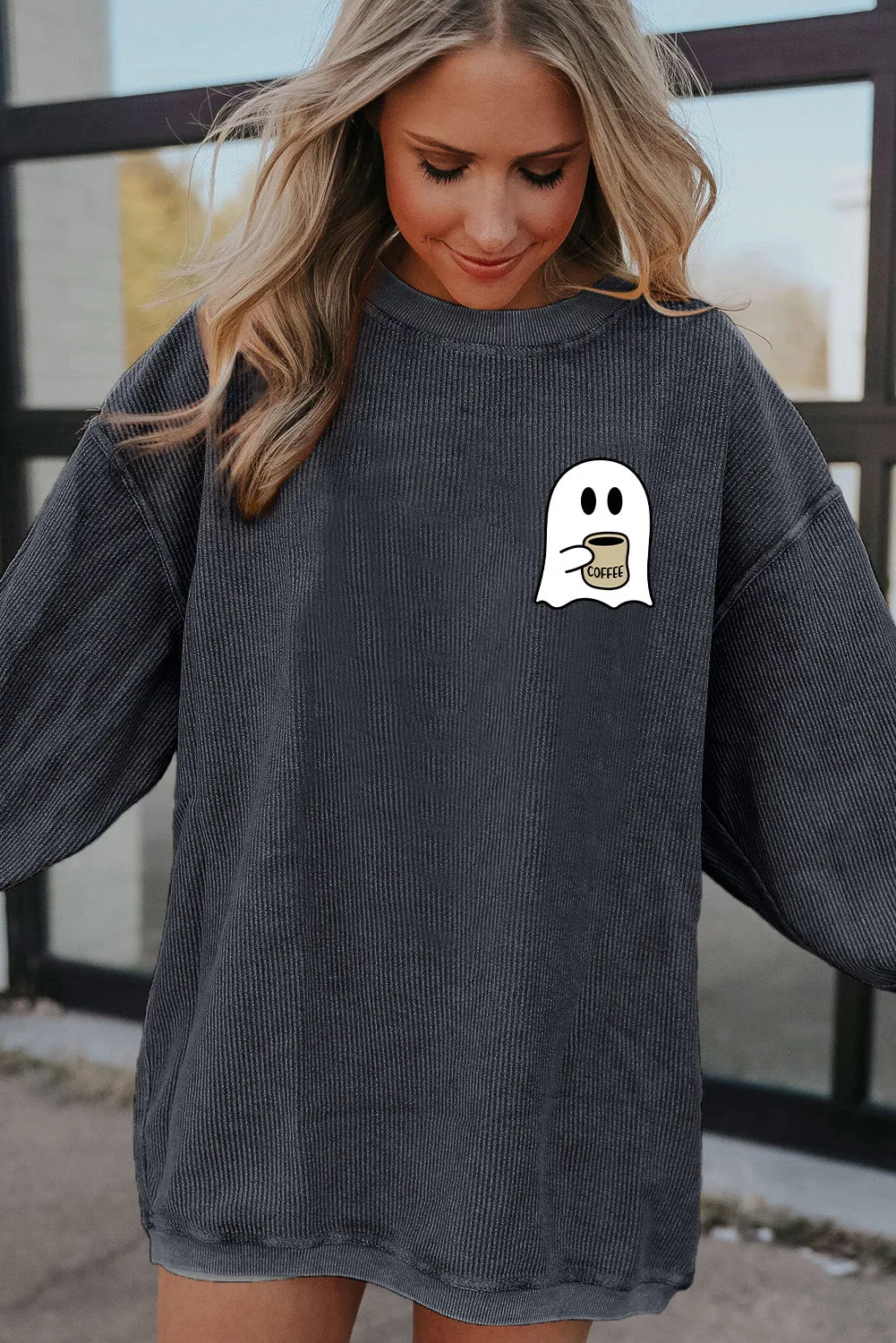 Dark Grey Ghost Graphic Corded Drop Shoulder Sweatshirt