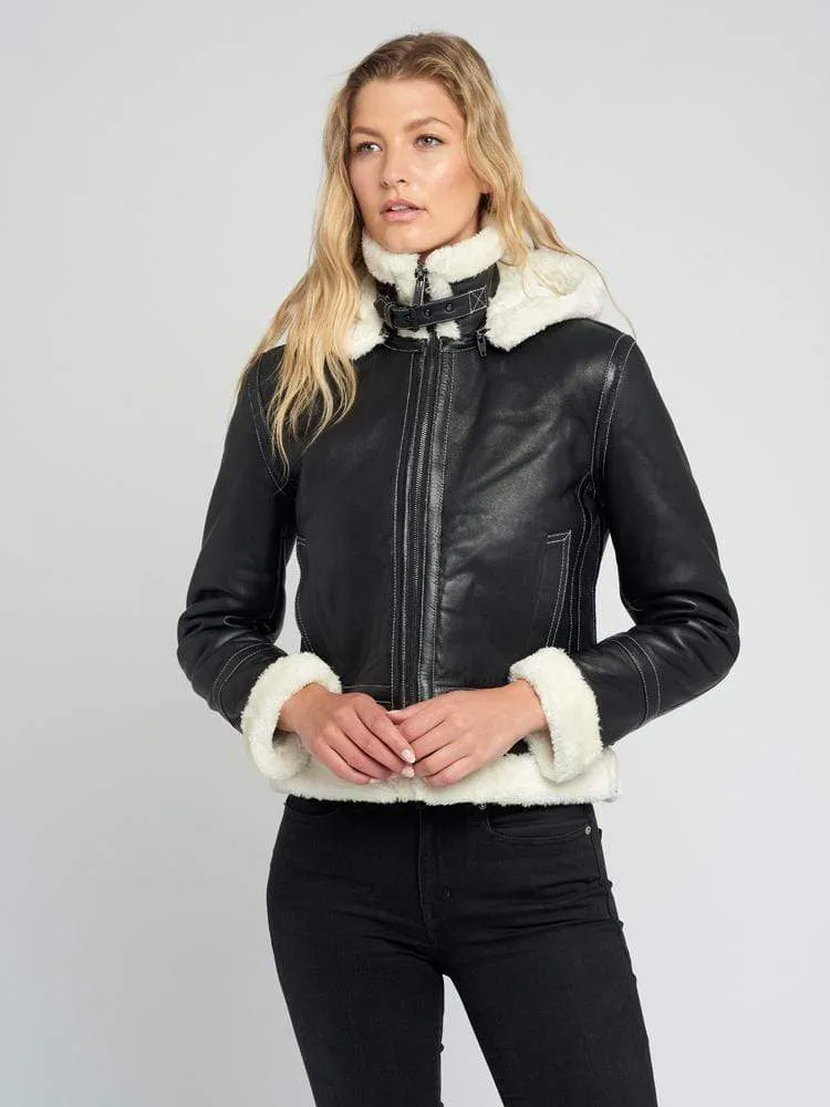 Delia Detachable Fur Hood Leather Jacket