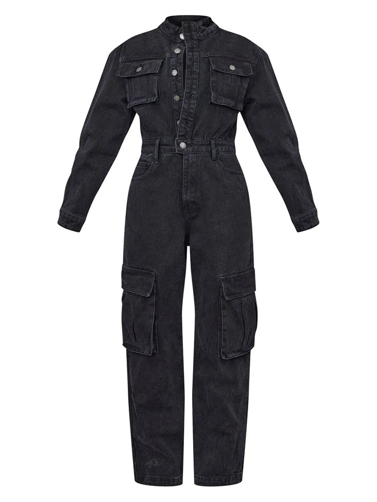 Denim Cargo Wide Leg Jumpsuit
