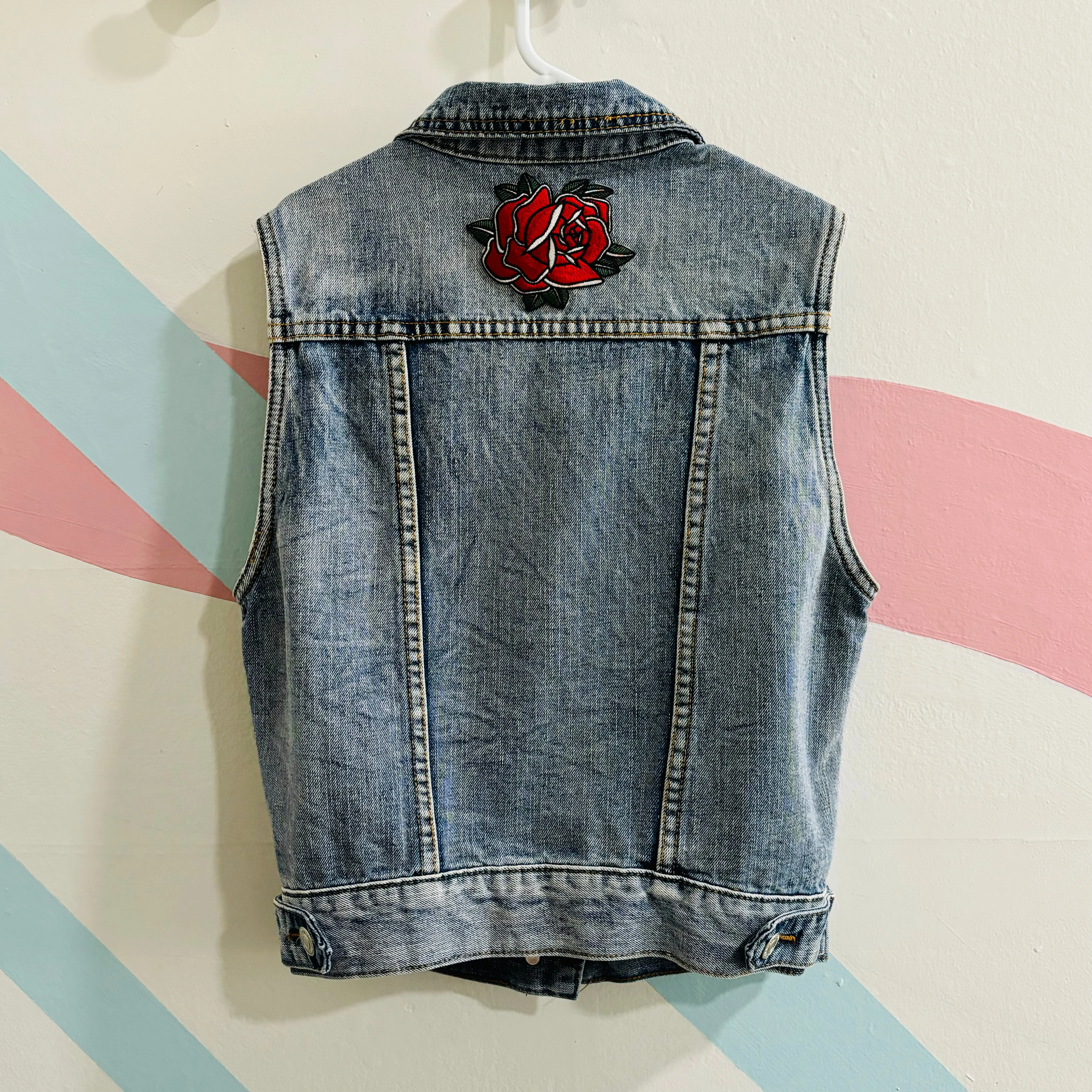 Denim Vest with Rose Patch, Adult Sm