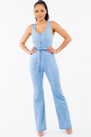 DENIM WIDE LEG SLEEVELESS JUMPSUITS