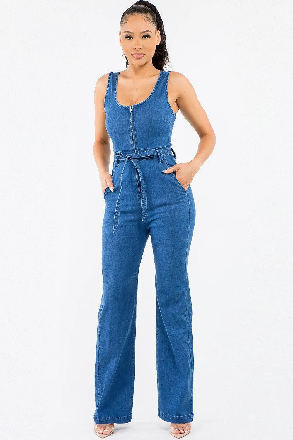 DENIM WIDE LEG SLEEVELESS JUMPSUITS