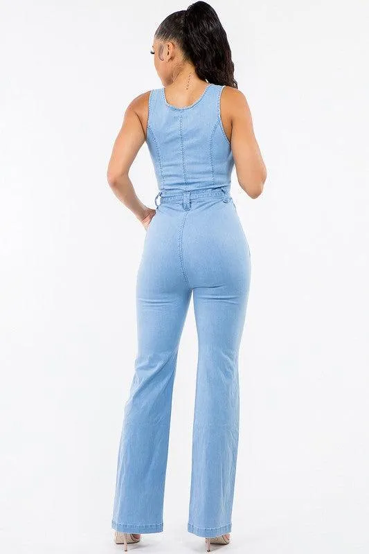 DENIM WIDE LEG SLEEVELESS JUMPSUITS