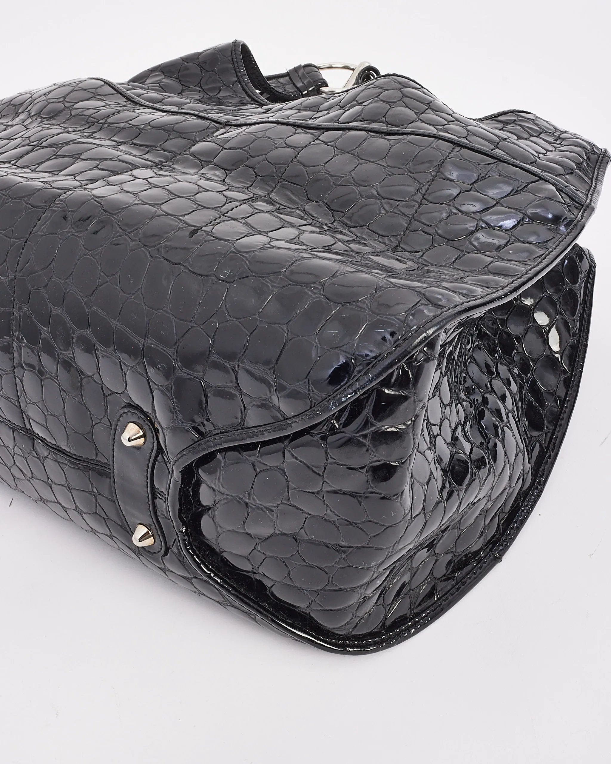 Dior Black Croc Embossed Patent Leather Hobo Bag