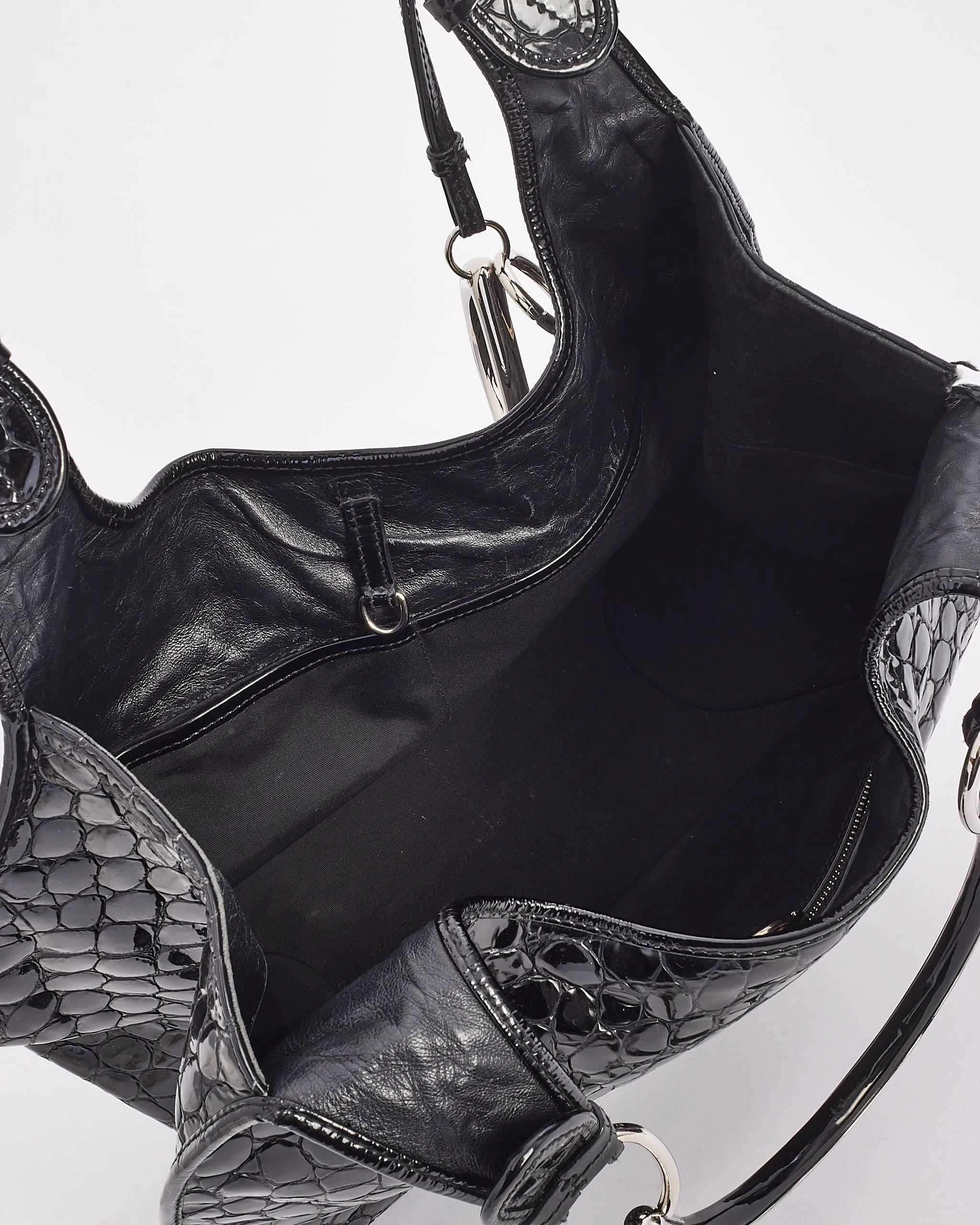 Dior Black Croc Embossed Patent Leather Hobo Bag