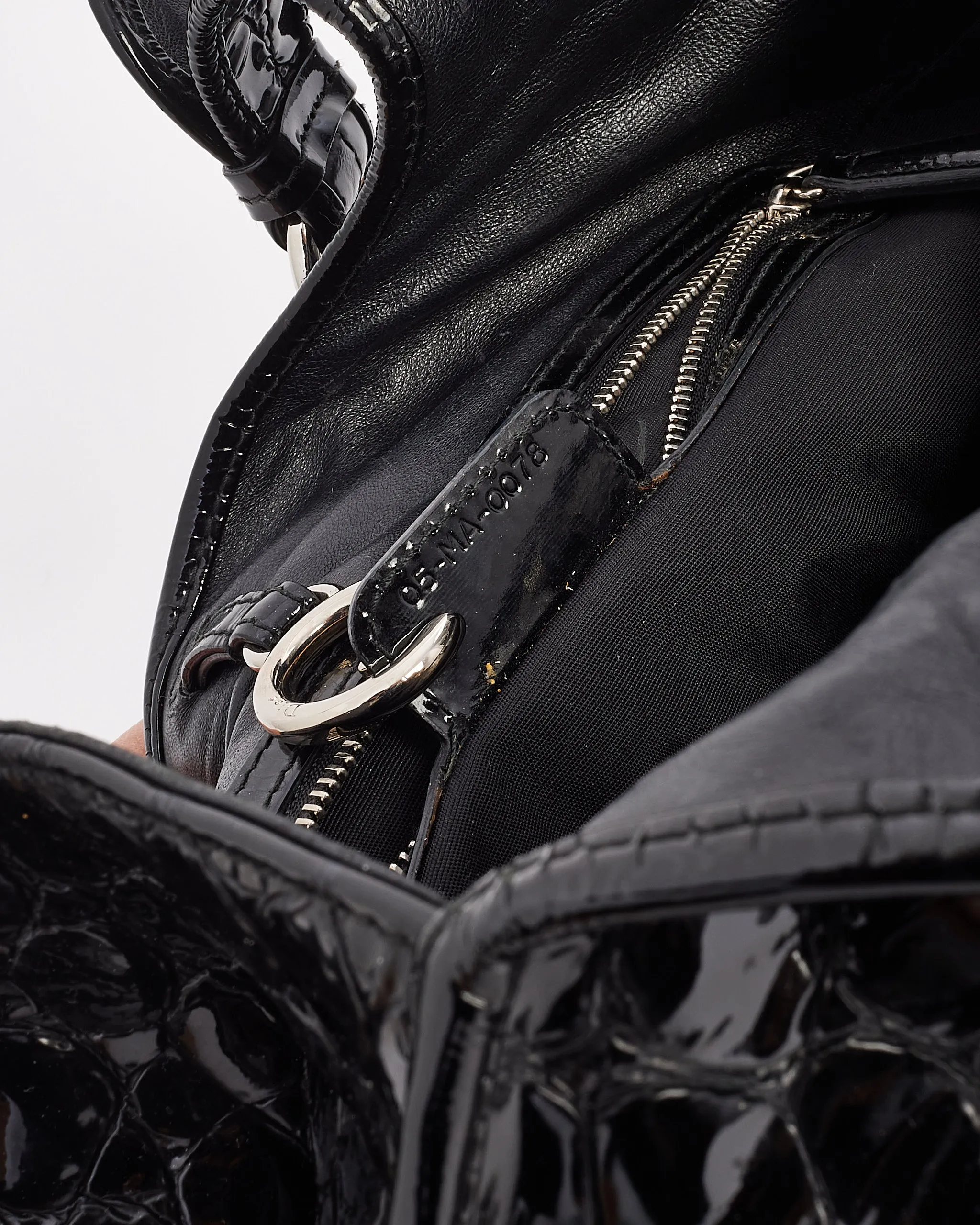 Dior Black Croc Embossed Patent Leather Hobo Bag
