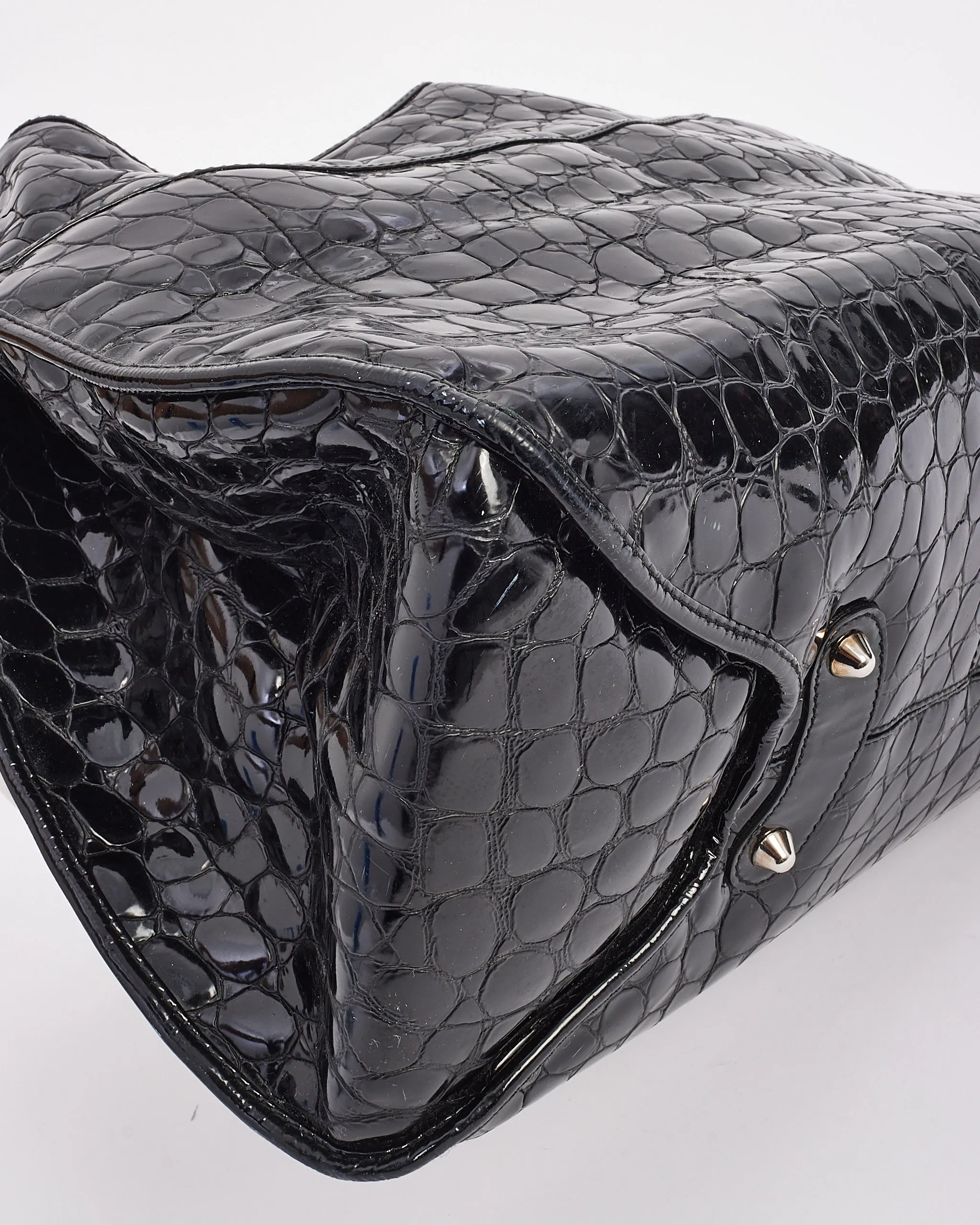 Dior Black Croc Embossed Patent Leather Hobo Bag